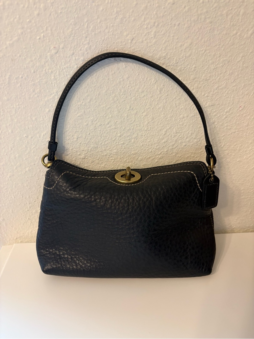 Coach Vintage Y2K Black Pebbled Leather Mini Shoulder Bag with Gold Turnlock
